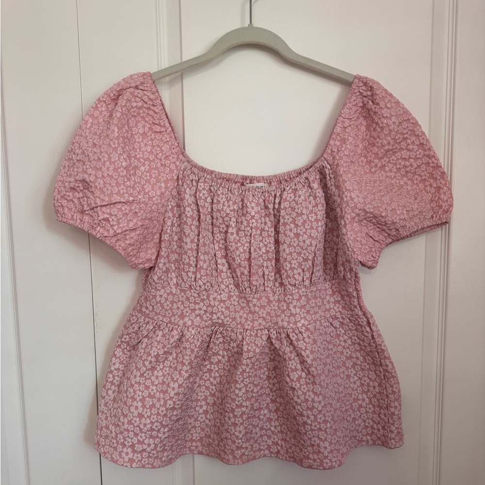 Pink Floral Square-Neck Puff Sleeve Peplum Blouse